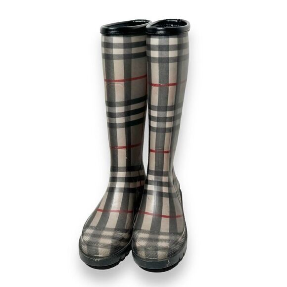 Burberry Grey Black Nova Check Plaid Wellington Rain Boots Women’s 38 (Fit US 8) - Picture 3 of 10